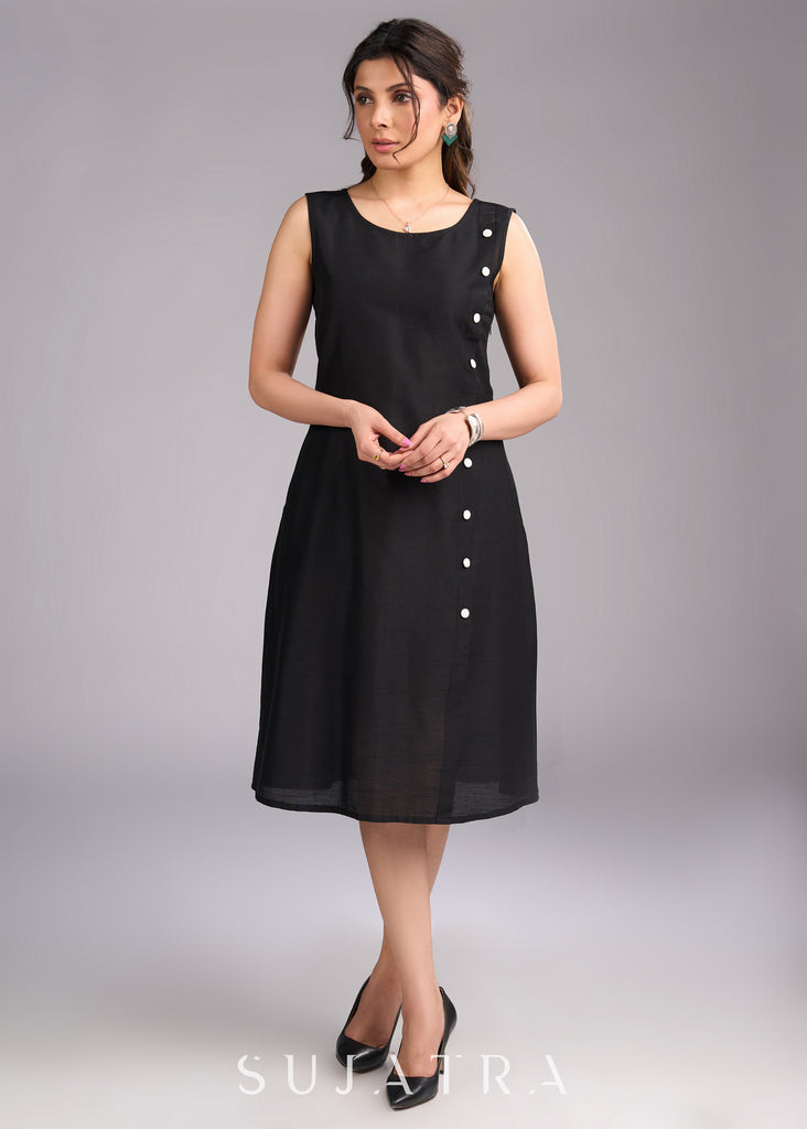 Modern Black Cotton Silk Dress with Button Embellishments