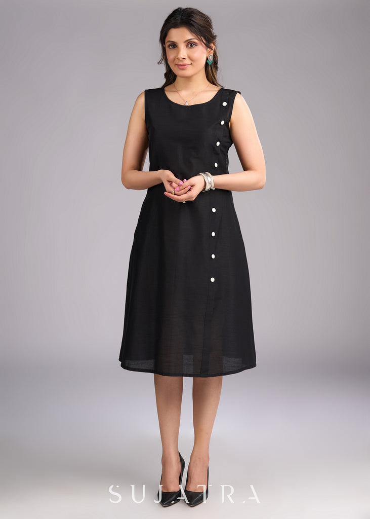 Modern Black Cotton Silk Dress with Button Embellishments