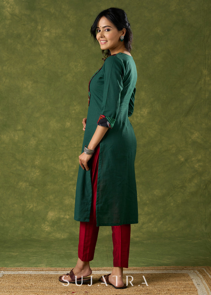 Trendy Bottle Green Cotton Patch Work Yoke Kurta With Kutch Mirrorwork - Pant Optional