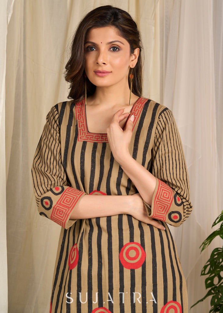 Elevate elegance with bold stripes and vibrant circular block printed Cotton Kurta!