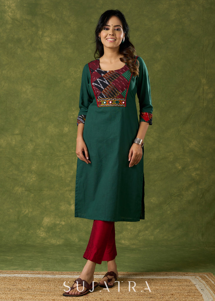 Trendy Bottle Green Cotton Patch Work Yoke Kurta With Kutch Mirrorwork - Pant Optional