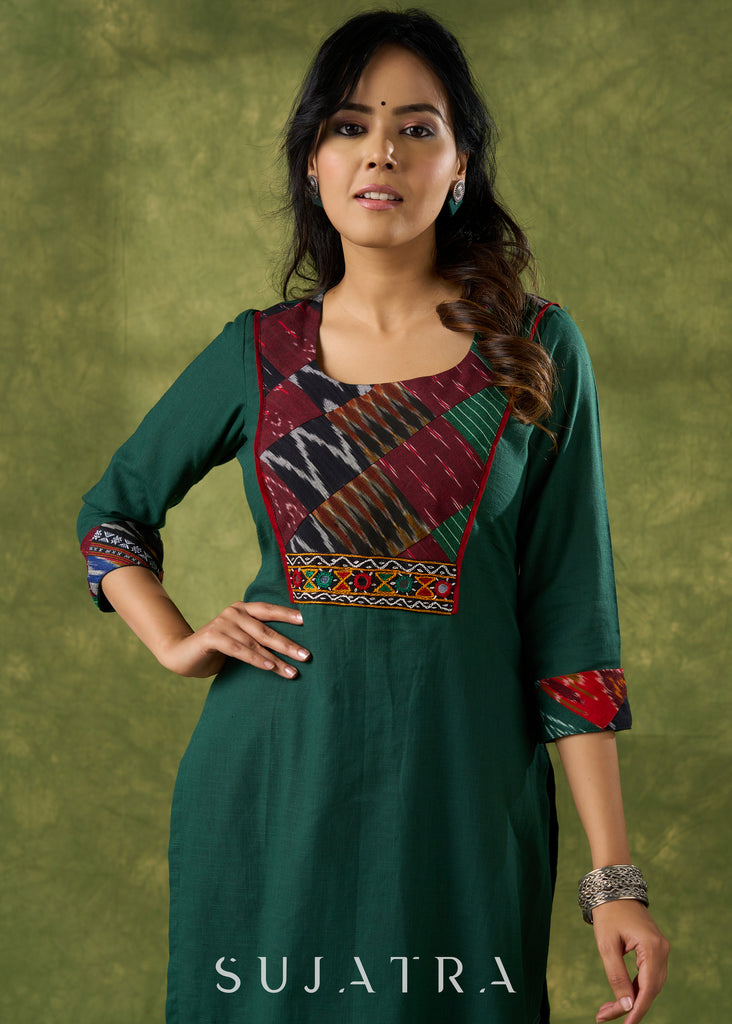 Trendy Bottle Green Cotton Patch Work Yoke Kurta With Kutch Mirrorwork - Pant Optional