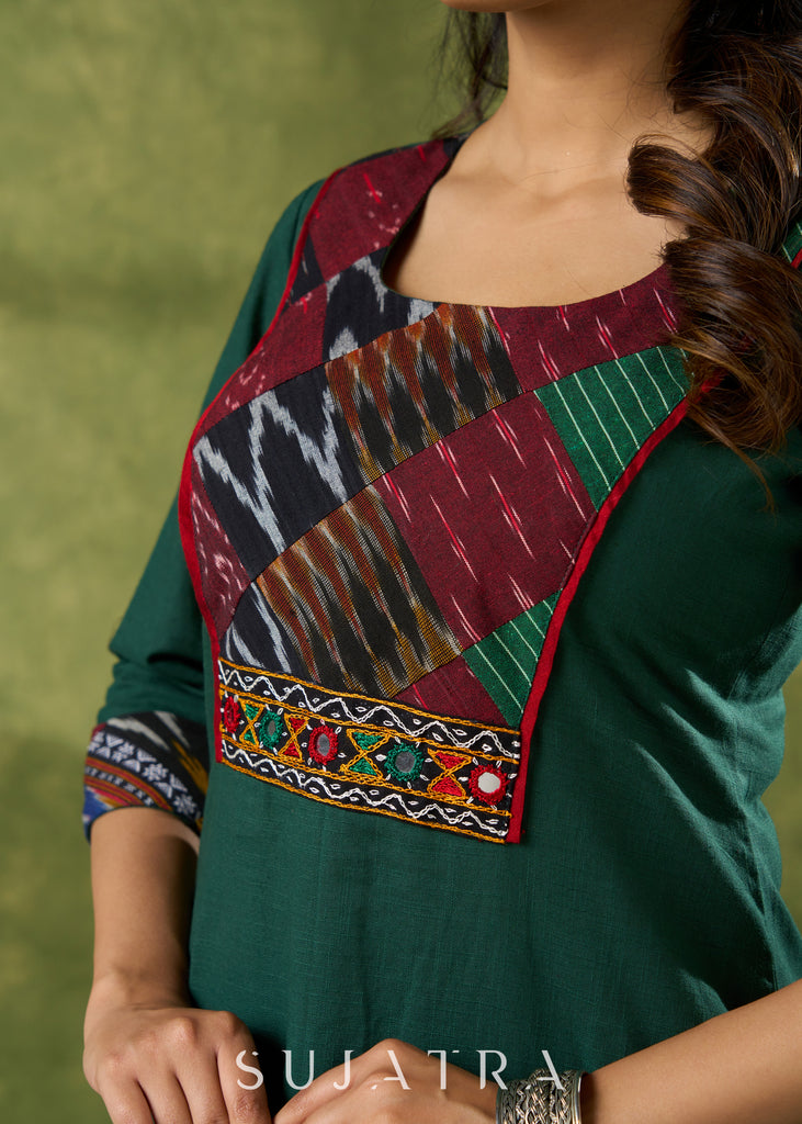 Trendy Bottle Green Cotton Patch Work Yoke Kurta With Kutch Mirrorwork - Pant Optional