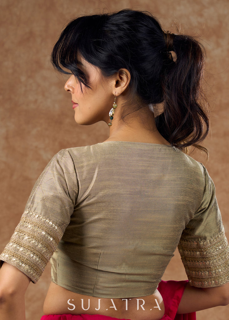 Lace luxe : The luscious gold and cotton silk fabric of this blouse are perfectly complimented by laces creating a beautiful look