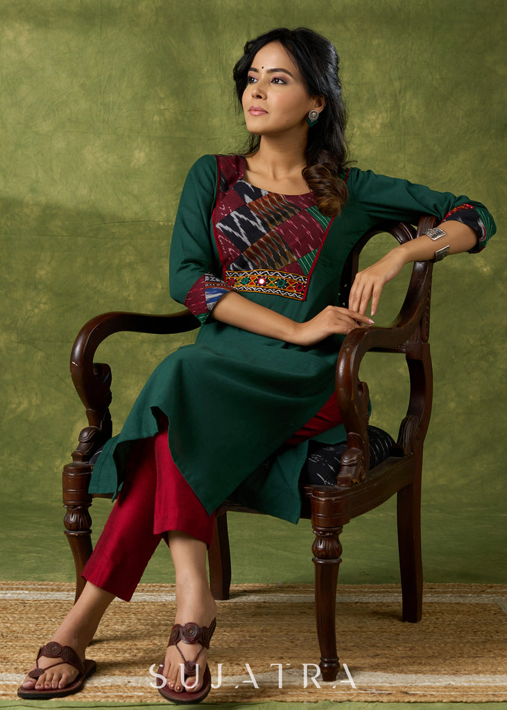 Trendy Bottle Green Cotton Patch Work Yoke Kurta With Kutch Mirrorwork - Pant Optional