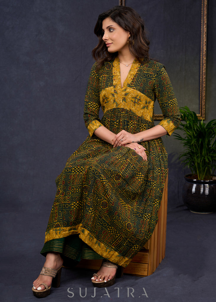 Smart-Bottle-Green-Cotton-Ajrakh-Combination-A-Line-Kurta--Pant-Optional