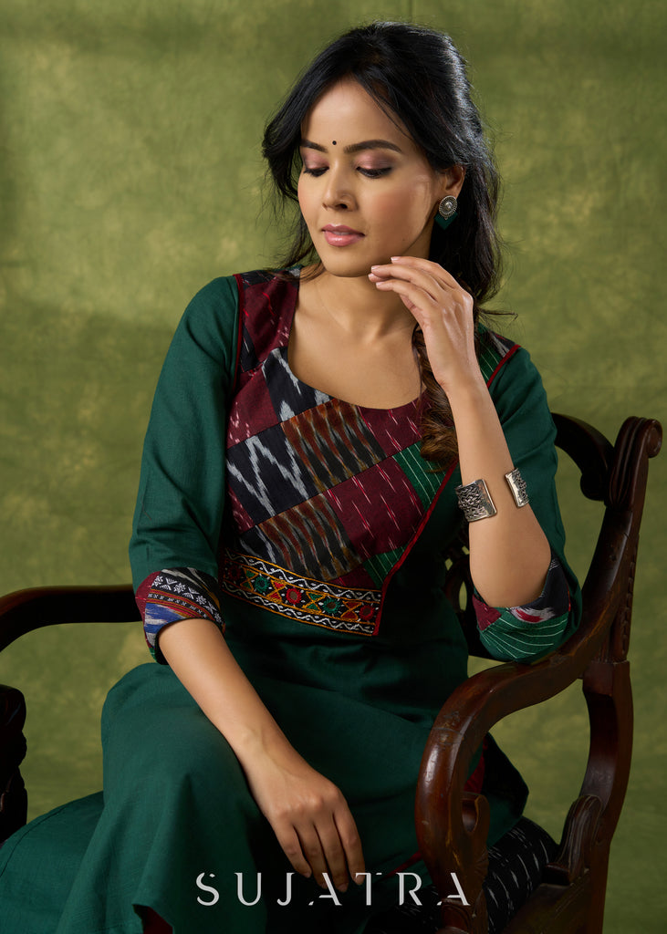 Trendy Bottle Green Cotton Patch Work Yoke Kurta With Kutch Mirrorwork - Pant Optional