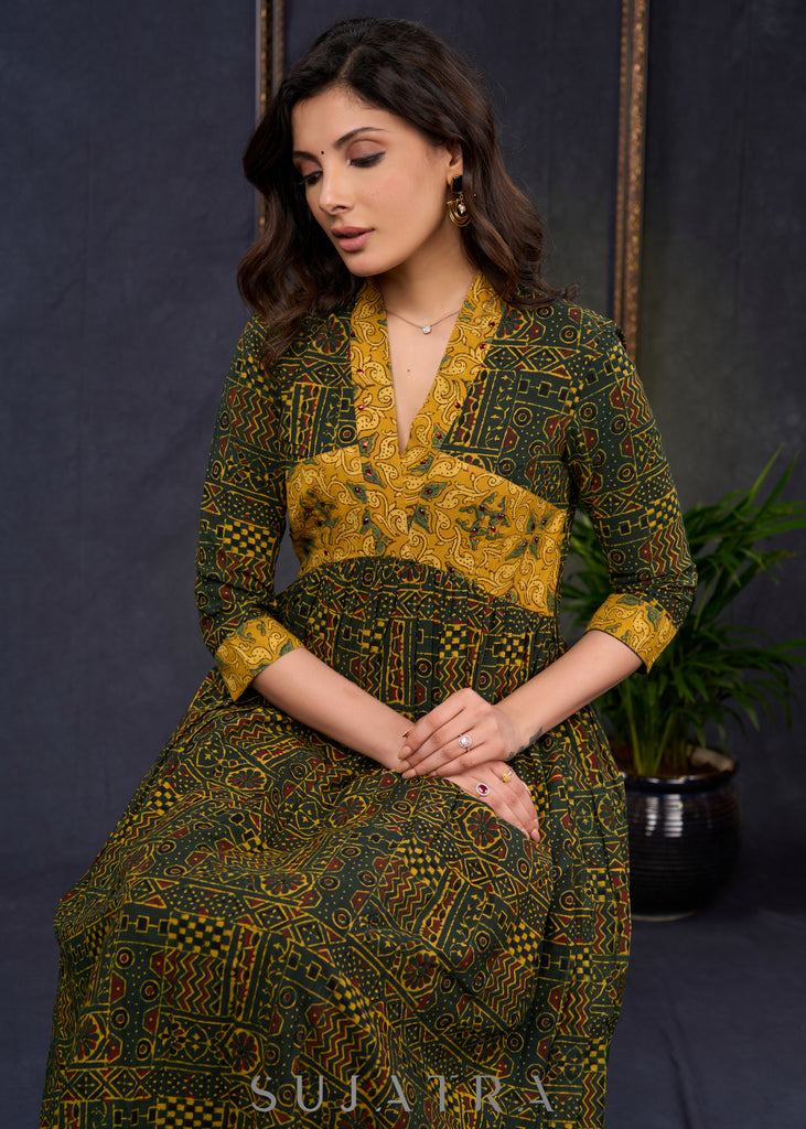 Smart-Bottle-Green-Cotton-Ajrakh-Combination-A-Line-Kurta--Pant-Optional