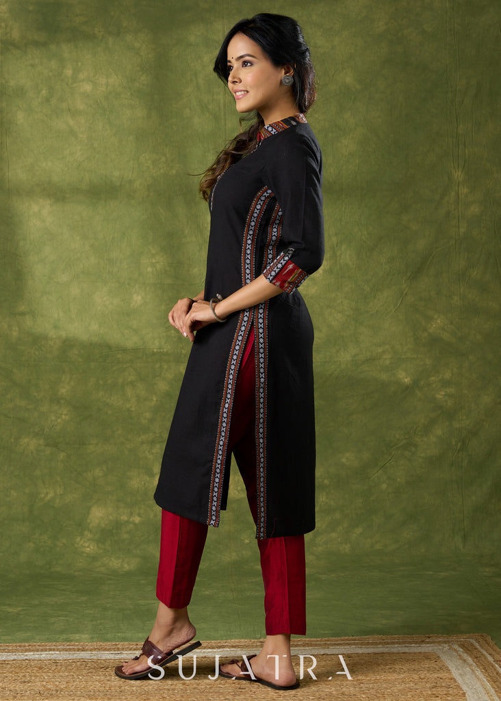 Beautifully Combined  Black Cotton Ikat Kurta - Pant Optional