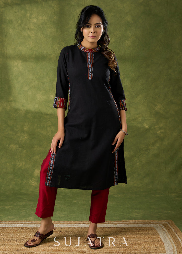 Beautifully Combined  Black Cotton Ikat Kurta - Pant Optional