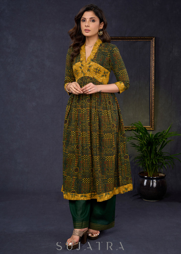 Smart-Bottle-Green-Cotton-Ajrakh-Combination-A-Line-Kurta--Pant-Optional