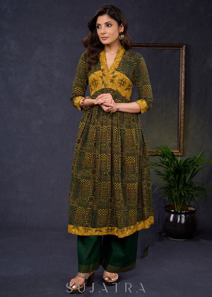 Smart-Bottle-Green-Cotton-Ajrakh-Combination-A-Line-Kurta--Pant-Optional