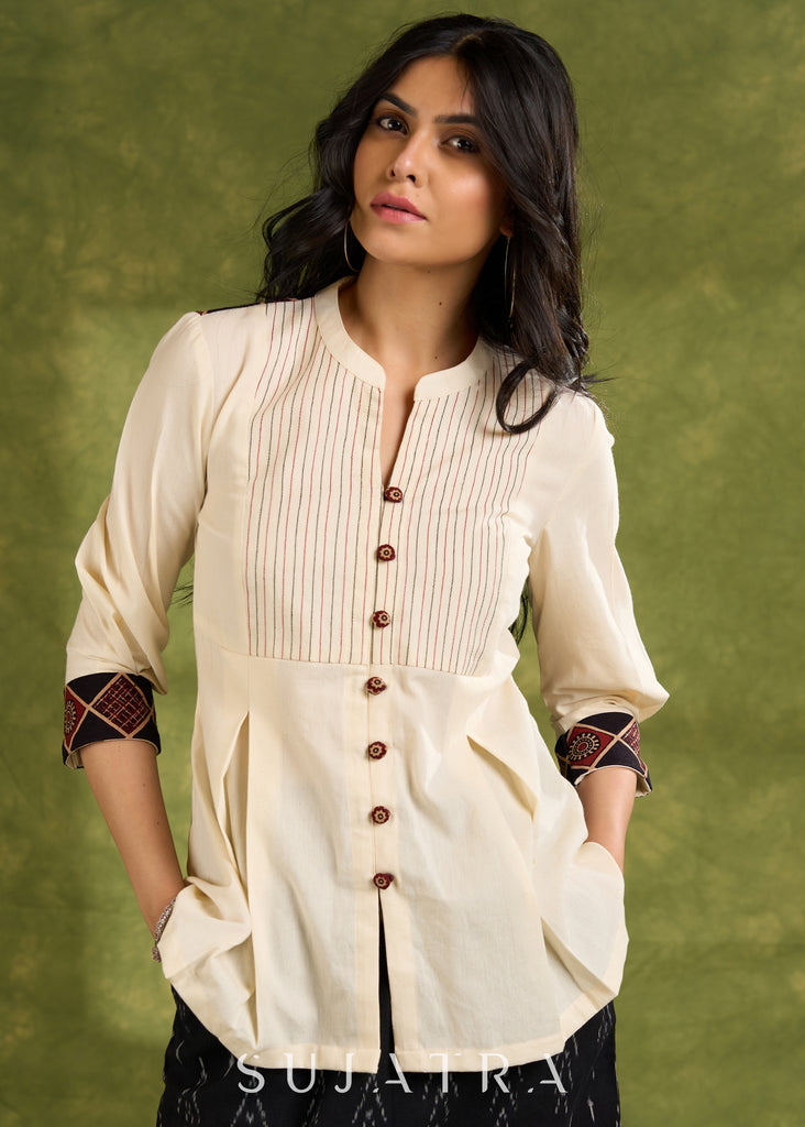 Beige Cotton Pleated Top With Pin Tucked Yoke ,Wooden Buttons And Contrasting Cuff - Skirt Optional