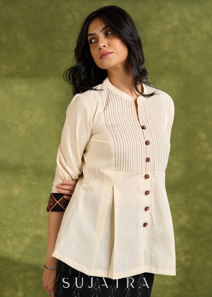 Beige Cotton Pleated Top With Pin Tucked Yoke ,Wooden Buttons And Contrasting Cuff - Skirt Optional