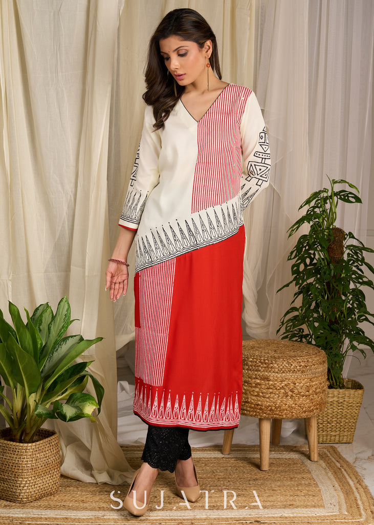 Exclusive Rayon kurta with striking fusion of bold orange & ivory hues, enhanced with intricate block prints