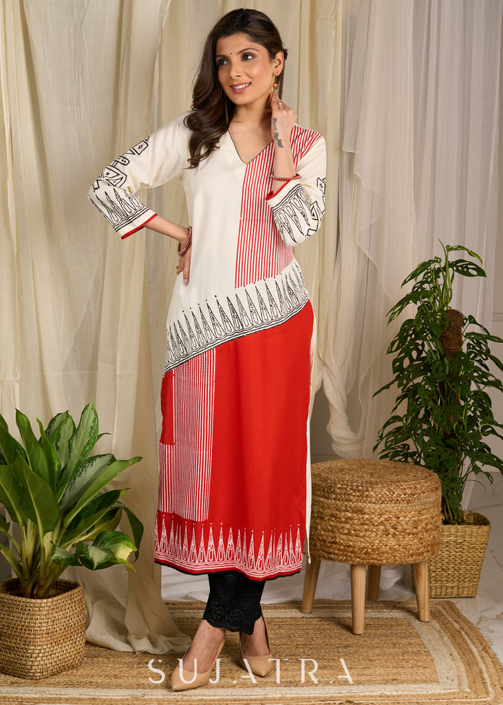 Exclusive Rayon kurta with striking fusion of bold orange & ivory hues, enhanced with intricate block prints