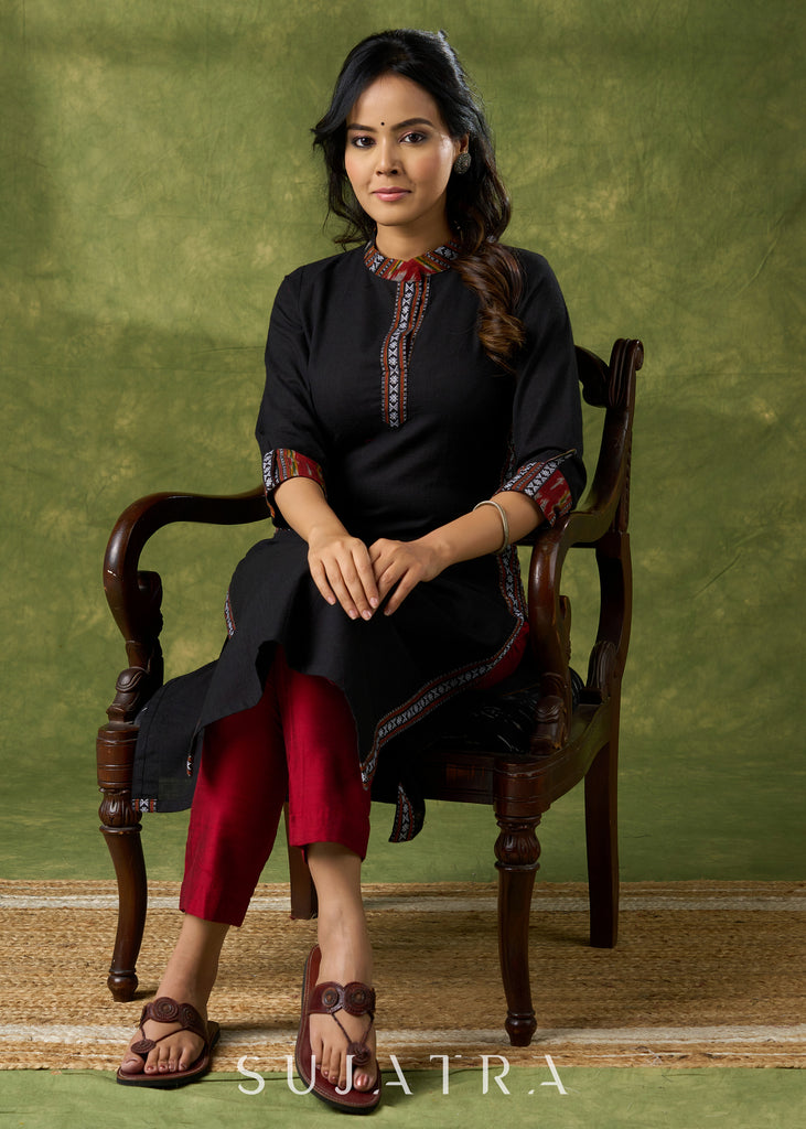 Beautifully Combined  Black Cotton Ikat Kurta - Pant Optional