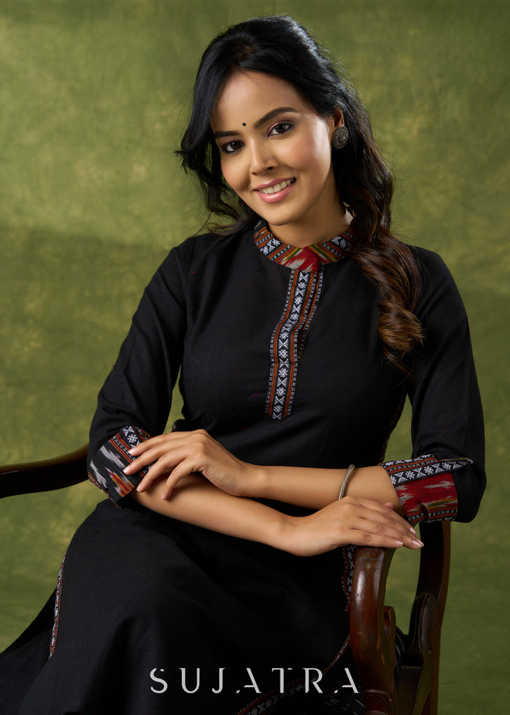 Beautifully Combined  Black Cotton Ikat Kurta - Pant Optional