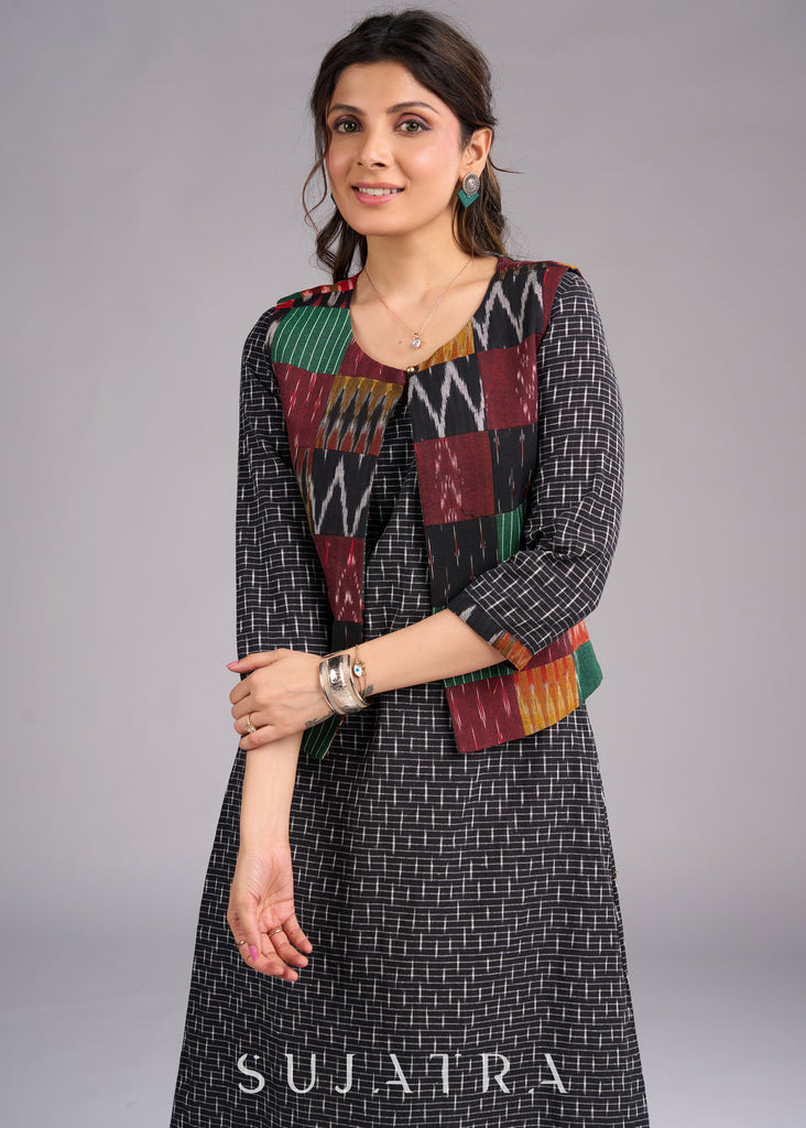 Boho Patchwork Ikat Sleeveless Open-Front Jacket