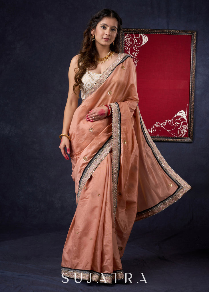 Beautiful Peach Chanderi Saree with Elegant Gotta Patti Butta all-over Highlighted with Lace Detailing