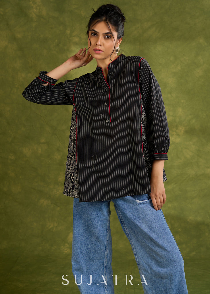 Black Striped & Print Combination Cotton Top