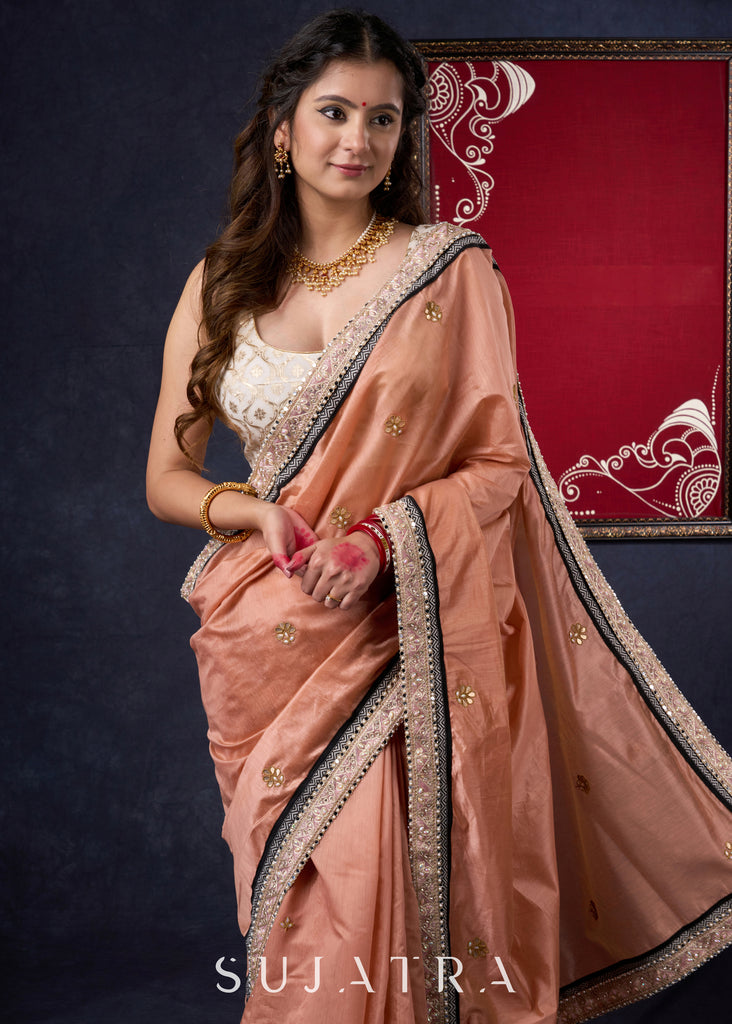 Beautiful Peach Chanderi Saree with Elegant Gotta Patti Butta all-over Highlighted with Lace Detailing