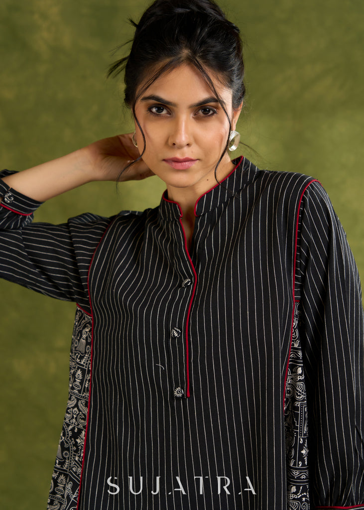 Black Striped & Print Combination Cotton Top