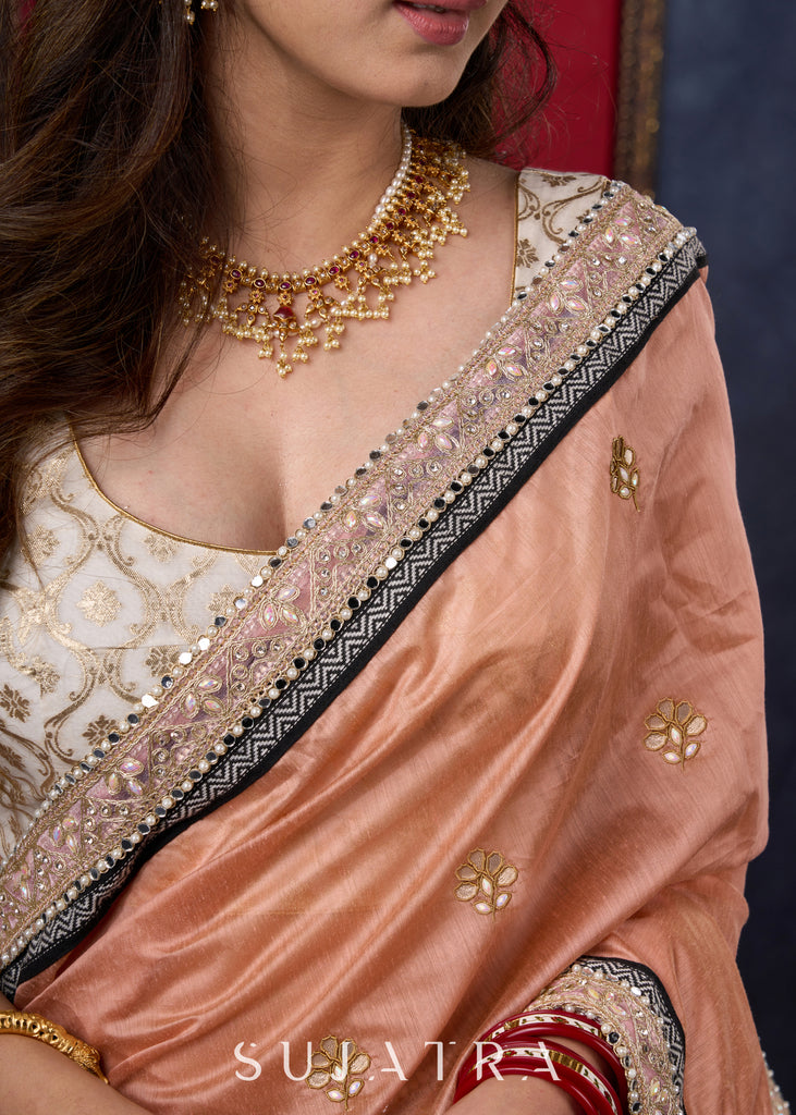 Beautiful Peach Chanderi Saree with Elegant Gotta Patti Butta all-over Highlighted with Lace Detailing