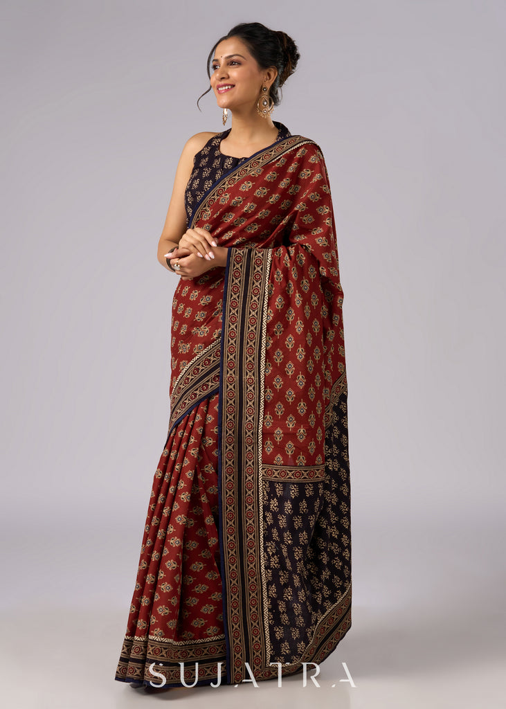 Exclusive brown printed combination saree with Ajrakh border