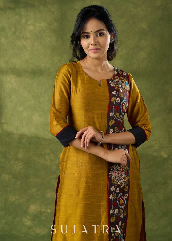 Elegant Mustard Cotton Silk Kalamkari Kurta - Pant Optional