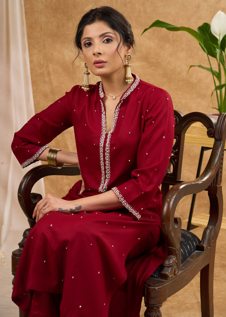 Elegant rayon kurta meticulously crafted with vibrant hand embroidered glass beads Pant optional