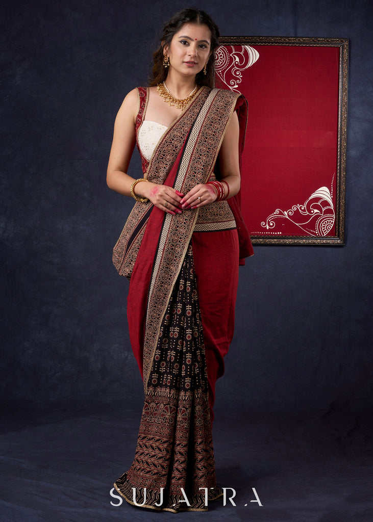 Graceful Cotton Ajrakh Saree with Maroon Pallu & Beautiful Ajrakh Border