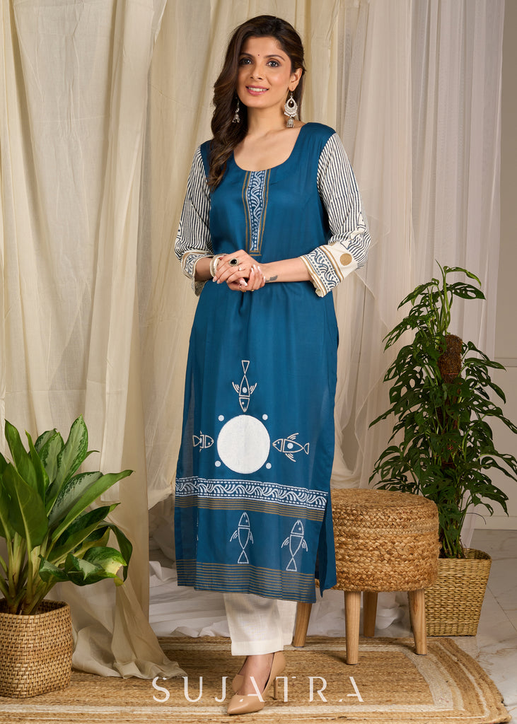 Elegant blue rayon kurta flaunting traditional block prints in a modern accent