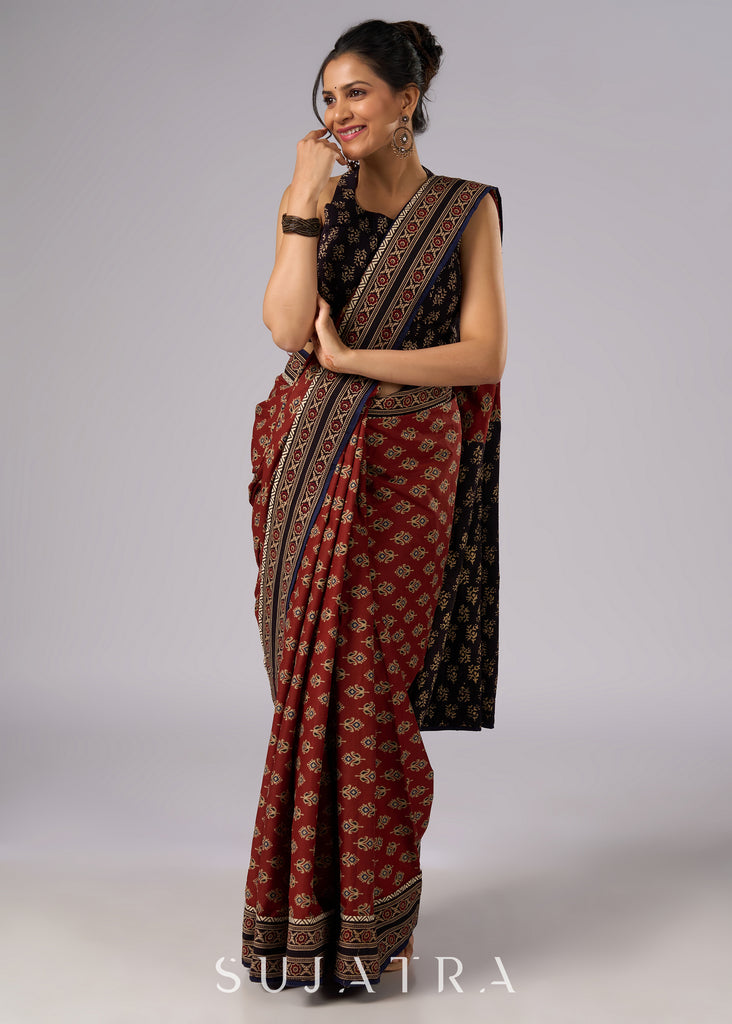 Exclusive brown printed combination saree with Ajrakh border