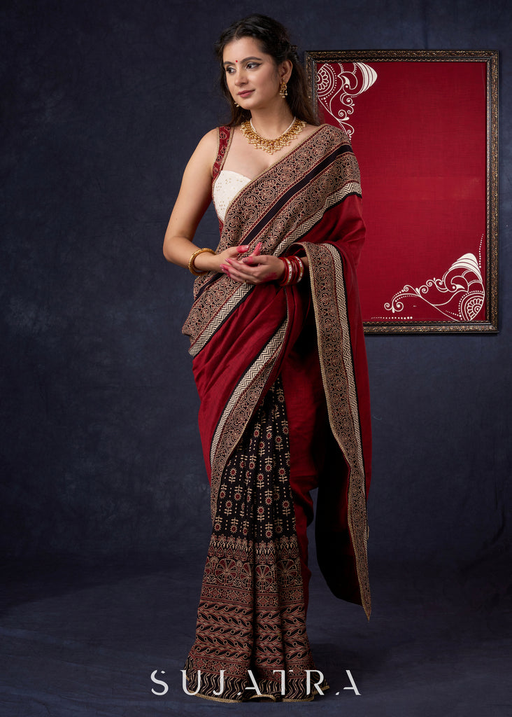 Graceful Cotton Ajrakh Saree with Maroon Pallu & Beautiful Ajrakh Border