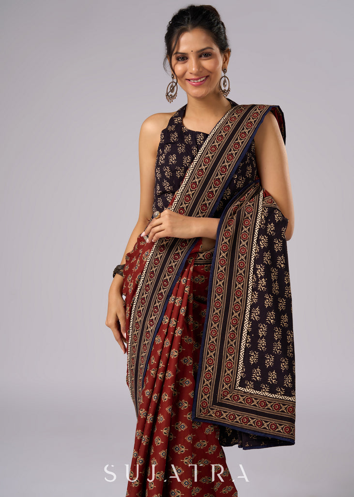 Exclusive brown printed combination saree with Ajrakh border