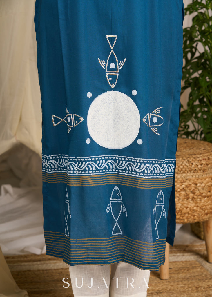 Elegant blue rayon kurta flaunting traditional block prints in a modern accent