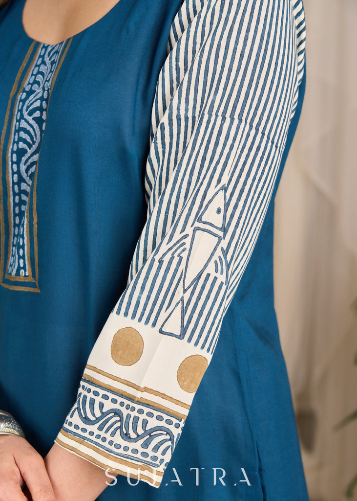 Elegant blue rayon kurta flaunting traditional block prints in a modern accent