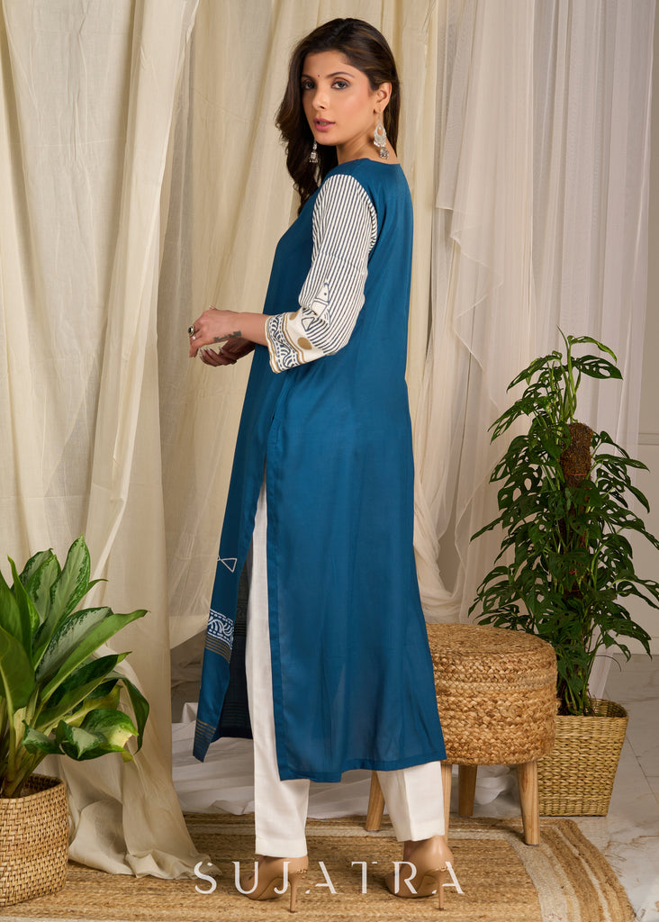 Elegant blue rayon kurta flaunting traditional block prints in a modern accent