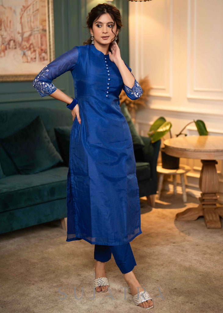 ON-SALE-beautiful-royal-blue-chanderi-kurta-with-silver-embroidery-on-sleeves-pant-optional