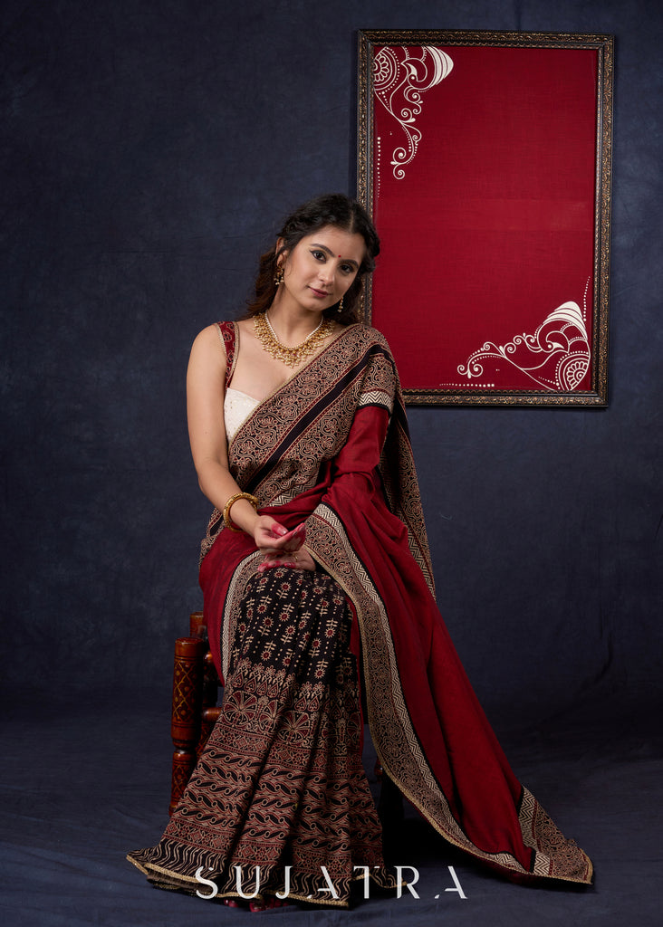 Graceful Cotton Ajrakh Saree with Maroon Pallu & Beautiful Ajrakh Border