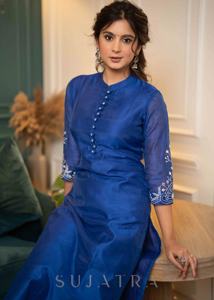 ON-SALE-beautiful-royal-blue-chanderi-kurta-with-silver-embroidery-on-sleeves-pant-optional