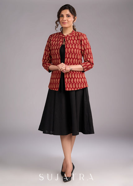 Timeless Ajrakh Maroon Printed Jacket with Contrasting Black Piping Detail