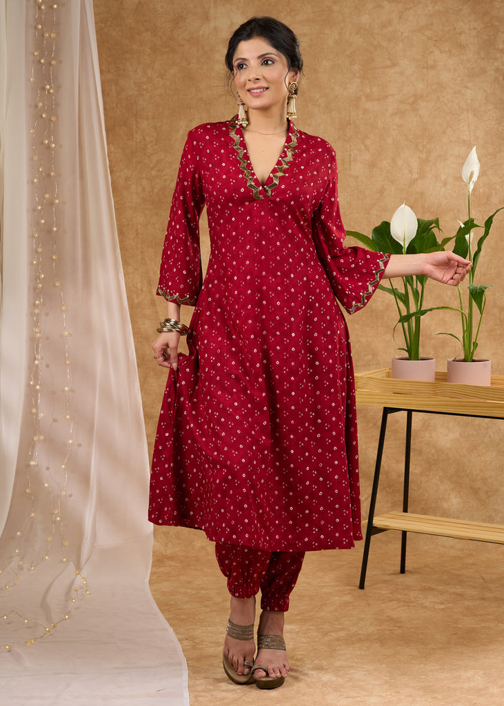 Intricately hand embroidered bandhani printed kurta Pant optional