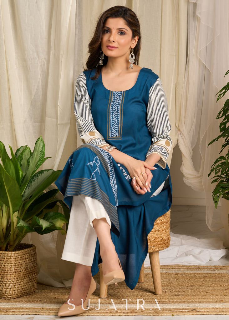 Elegant blue rayon kurta flaunting traditional block prints in a modern accent