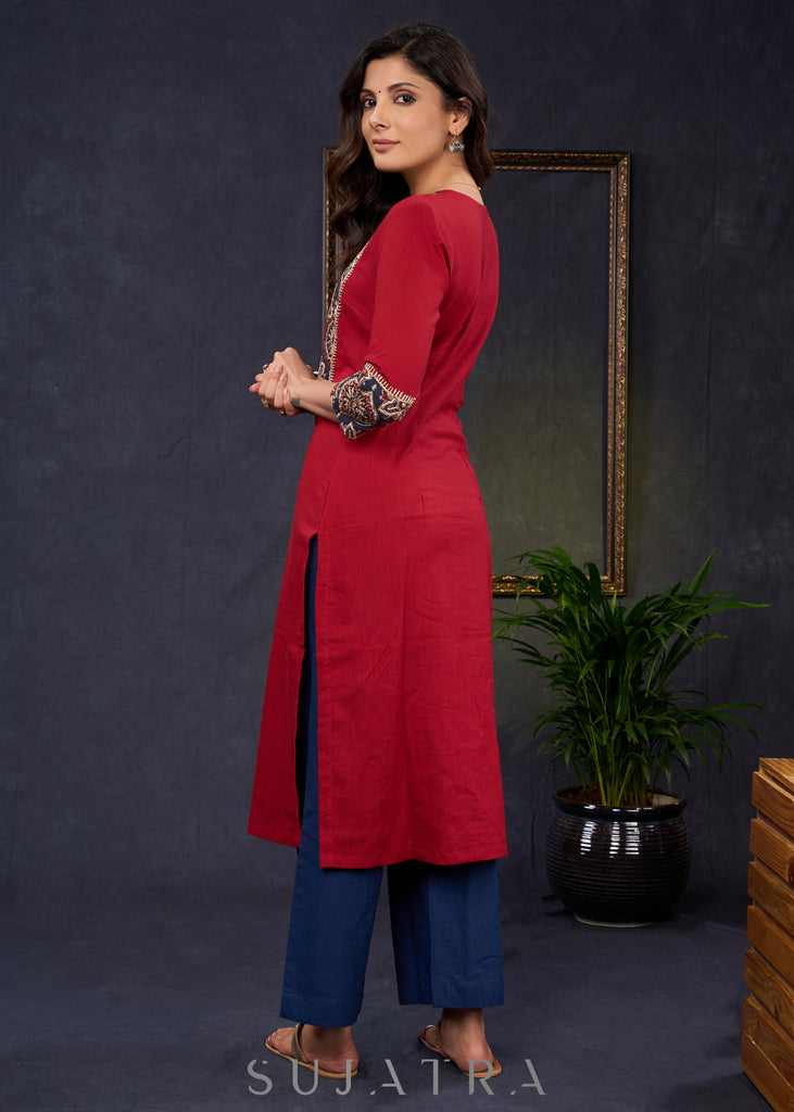 Elegant-Maroon-Cotton-Straight-Cut-Kurta-With-Ajrakh-Embroidered-Yoke--Pant-Optional