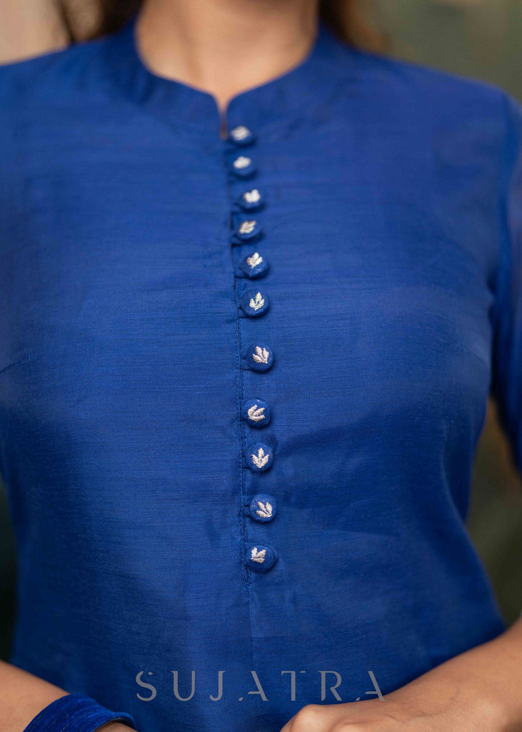 ON-SALE-beautiful-royal-blue-chanderi-kurta-with-silver-embroidery-on-sleeves-pant-optional