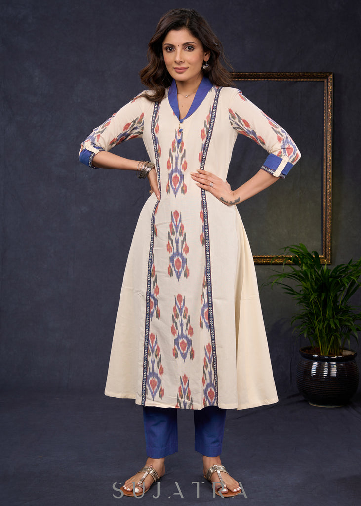 Trendy-Off-White-Cotton-Ikat-Combination-Kurta-With-Beautiful-Collar--Pant-Optional