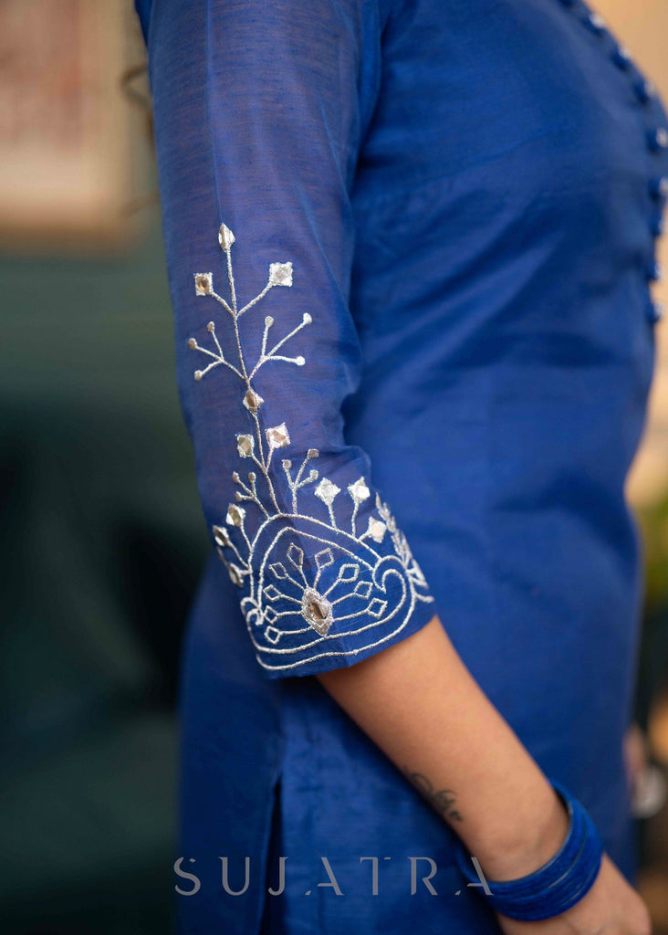 ON-SALE-beautiful-royal-blue-chanderi-kurta-with-silver-embroidery-on-sleeves-pant-optional