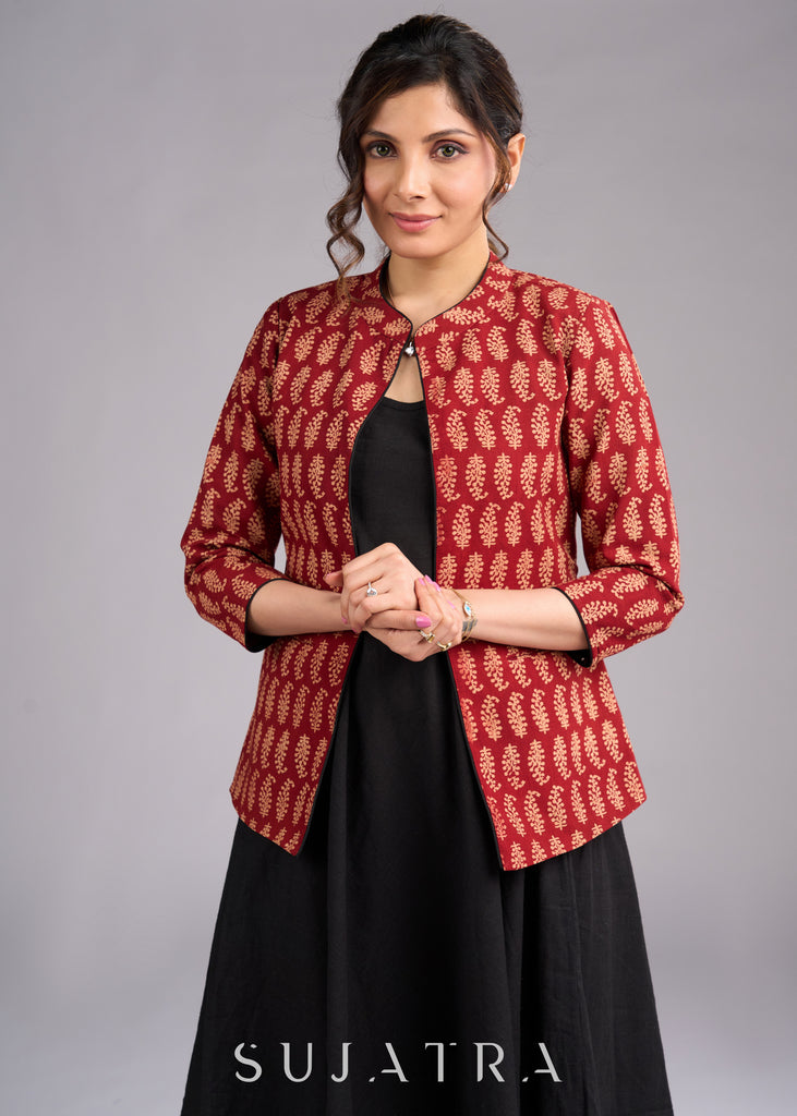 Timeless Ajrakh Maroon Printed Jacket with Contrasting Black Piping Detail